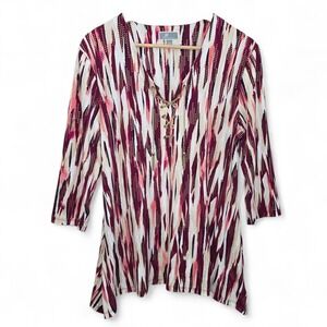 JM Collection Top Womens Large Burgundy Printed Tunic Lace Up Blouse Stretch